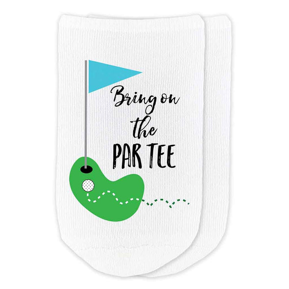 Bring on the par tee golf design custom printed on white cotton crew socks.
