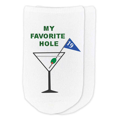 My favorite hole with martini glass design custom printed on no show socks.