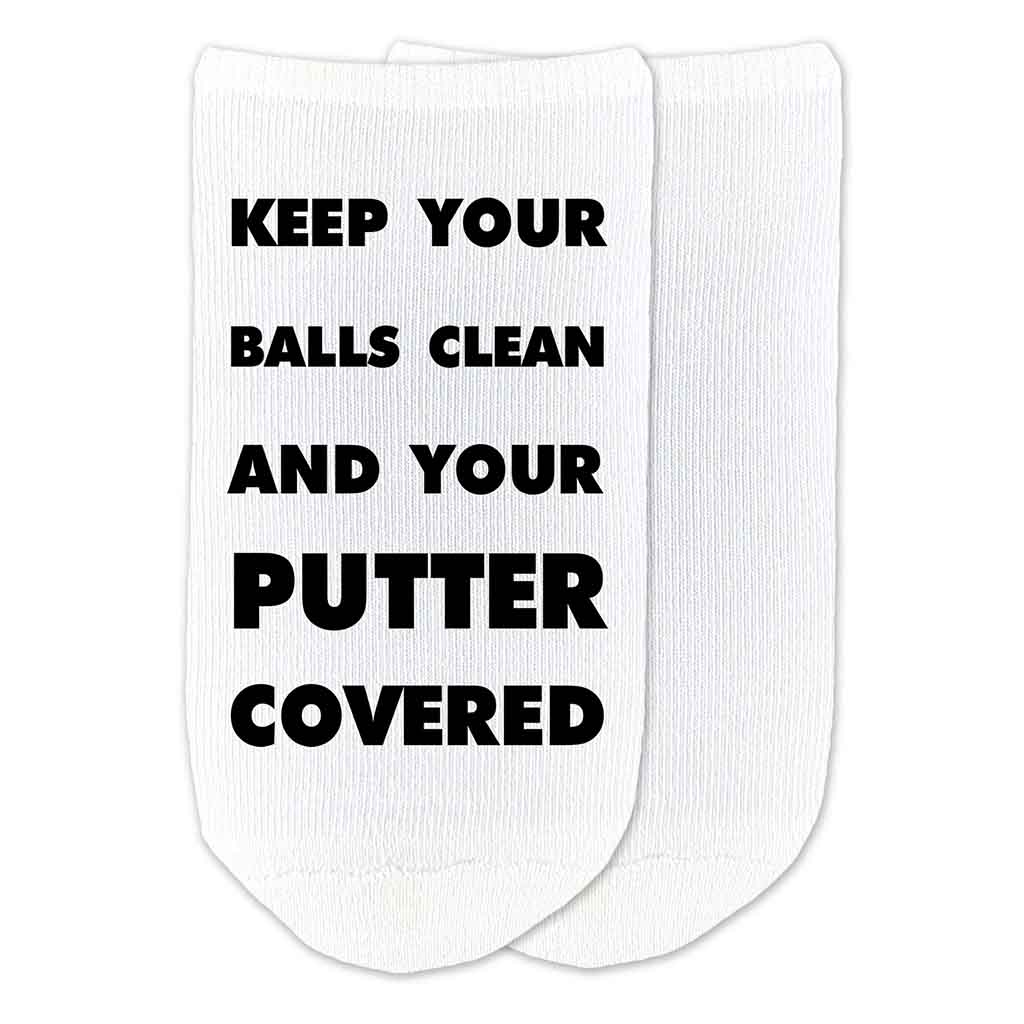 Keep your balls clean and your putter covered custom printed on the white cotton no show socks.
