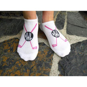 Custom printed and personalized with your monogrammed initials womens no show digitally printed golf socks in a three pair set.