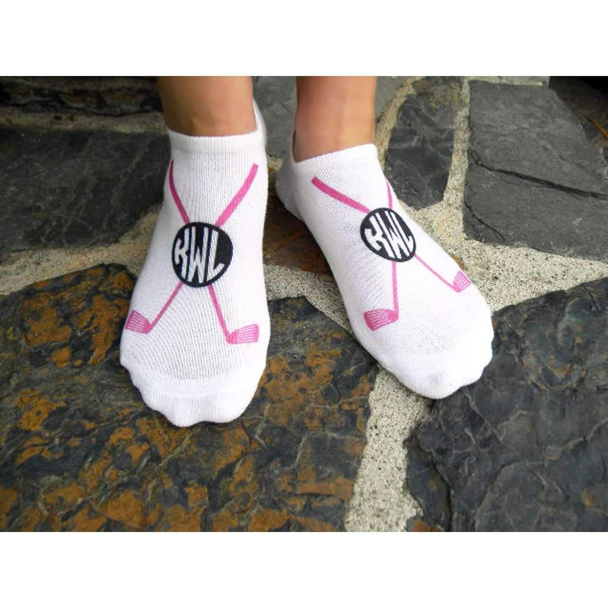 Custom printed and personalized with your monogrammed initials womens no show digitally printed golf socks in a three pair set.
