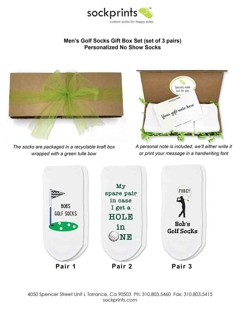 Fun personalized golf socks for men custom printed and sold as a three pair set in a gift box.