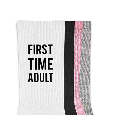 First time adult custom printed on the sides of cotton crew socks.