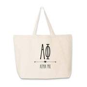 Alpha Phi sorority name and letters digitally printed on canvas tote bag.