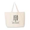 Alpha Epsilon Phi sorority name and letters with heart design digitally printed in black ink on canvas tote bag.