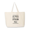 Alpha Epsilon Phi sorority name with lines design digitally printed on canvas tote bag.