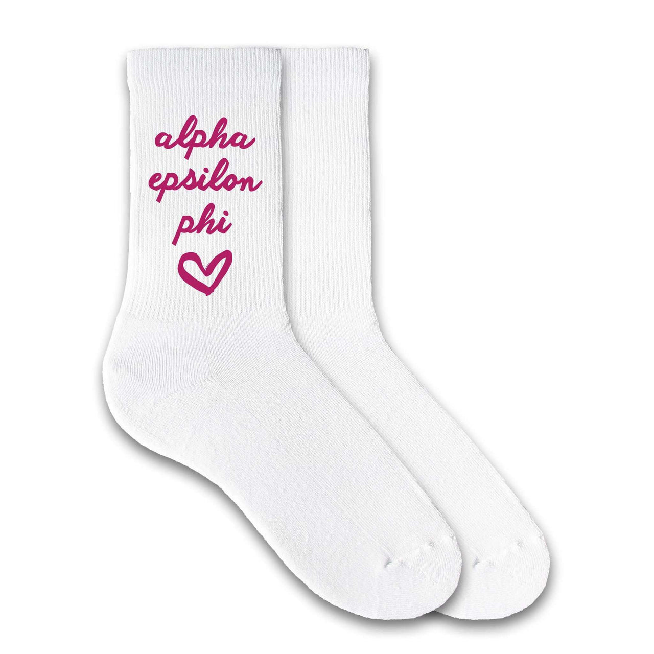 Alpha Epsilon Phi sorority name with heart custom printed on white cotton crew socks.