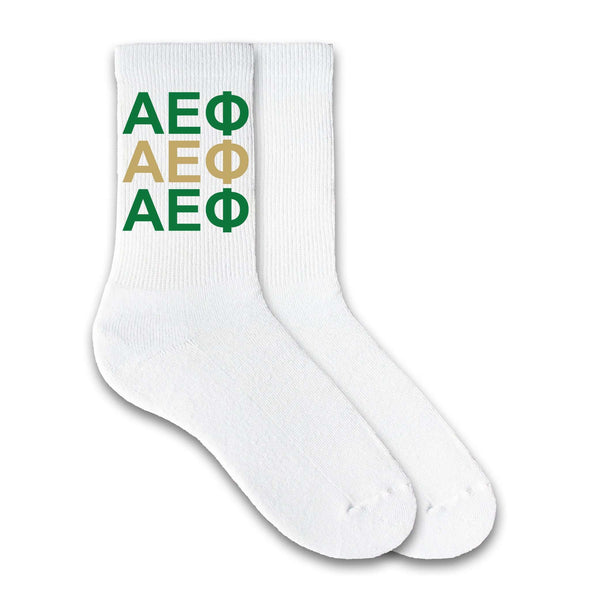 Alpha Epsilon Phi sorority name custom printed on white cotton crew socks.