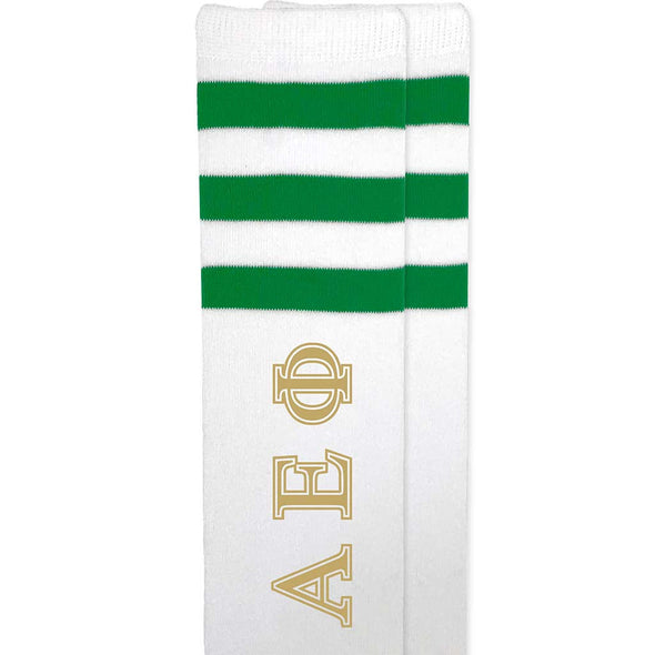 Alpha Epsilon Phi sorority letters custom printed on cotton striped knee high socks.