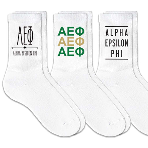 Alpha Epsilon Phi sorority 3 pairs of socks gift set for bid day and chapter orders.