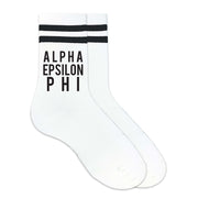 Alpha Epsilon Phi sorority name custom printed on black striped crew socks.