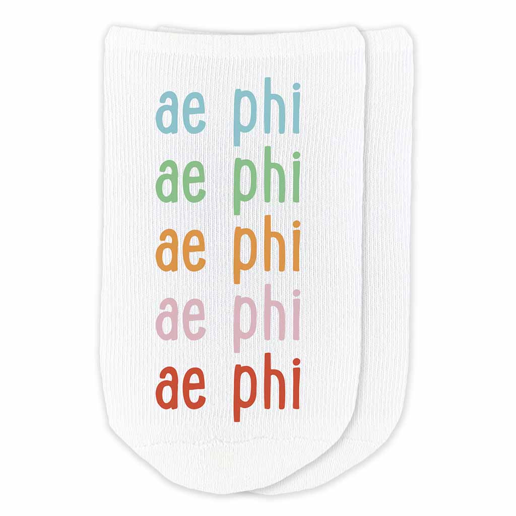 Alpha Epsilon Phi sorority custom printed in rainbow colors on comfy cotton no show socks.