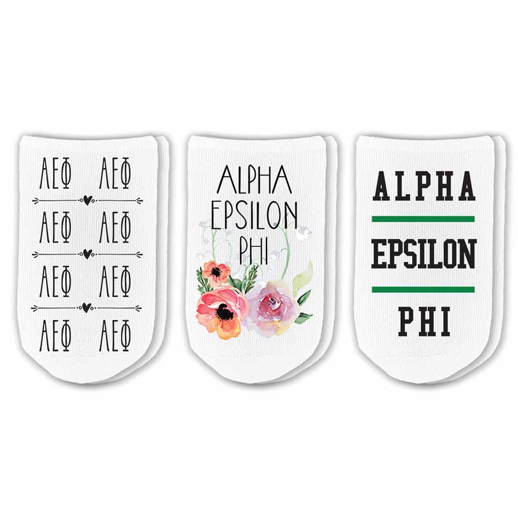 Alpha Epsilon Phi sorority footie socks with Greek letters and sorority floral design sold as a 3 pair gift set