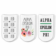 Alpha Epsilon Phi sorority footie socks with Greek letters and sorority floral design sold as a 3 pair gift set