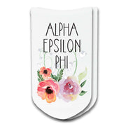 Alpha Epsilon Phi sorority watercolor floral design digitally printed in ink on white cotton no show socks.