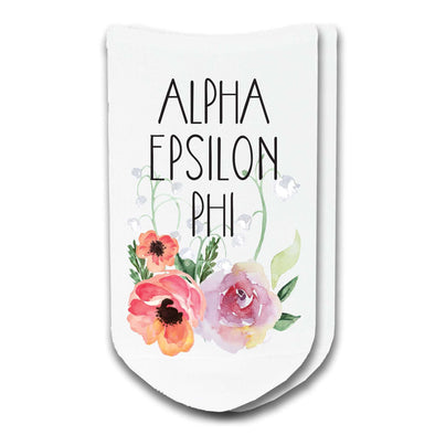 Alpha Epsilon Phi sorority watercolor floral design digitally printed in ink on white cotton no show socks.