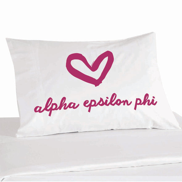 Alpha Epsilon Phi sorority name with heart design custom printed on pillowcase.