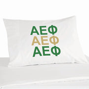 Alpha Epsilon Phi sorority letters custom printed in sorority colors on pillowcase.