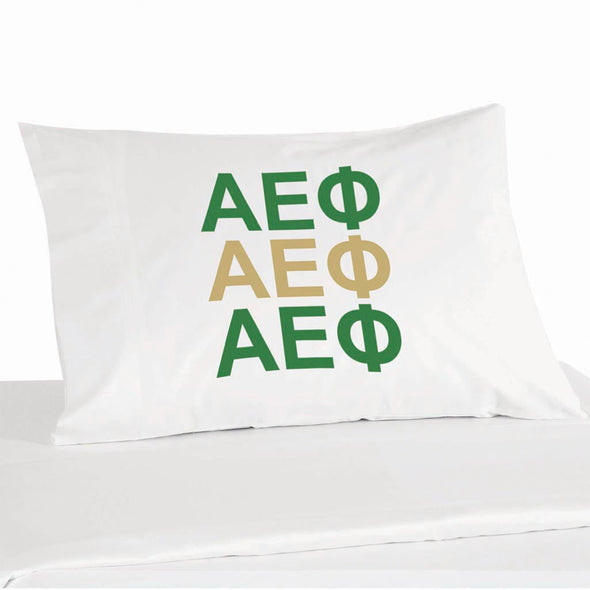 Alpha Epsilon Phi sorority letters custom printed in sorority colors on pillowcase.