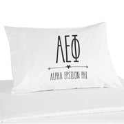 Alpha Epsilon Phi sorority letters and name with heart design digitally printed on pillowcase.