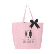 Alpha Epsilon Phi sorority letters and name custom printed in black ink on pink canvas tote bag with black bow.