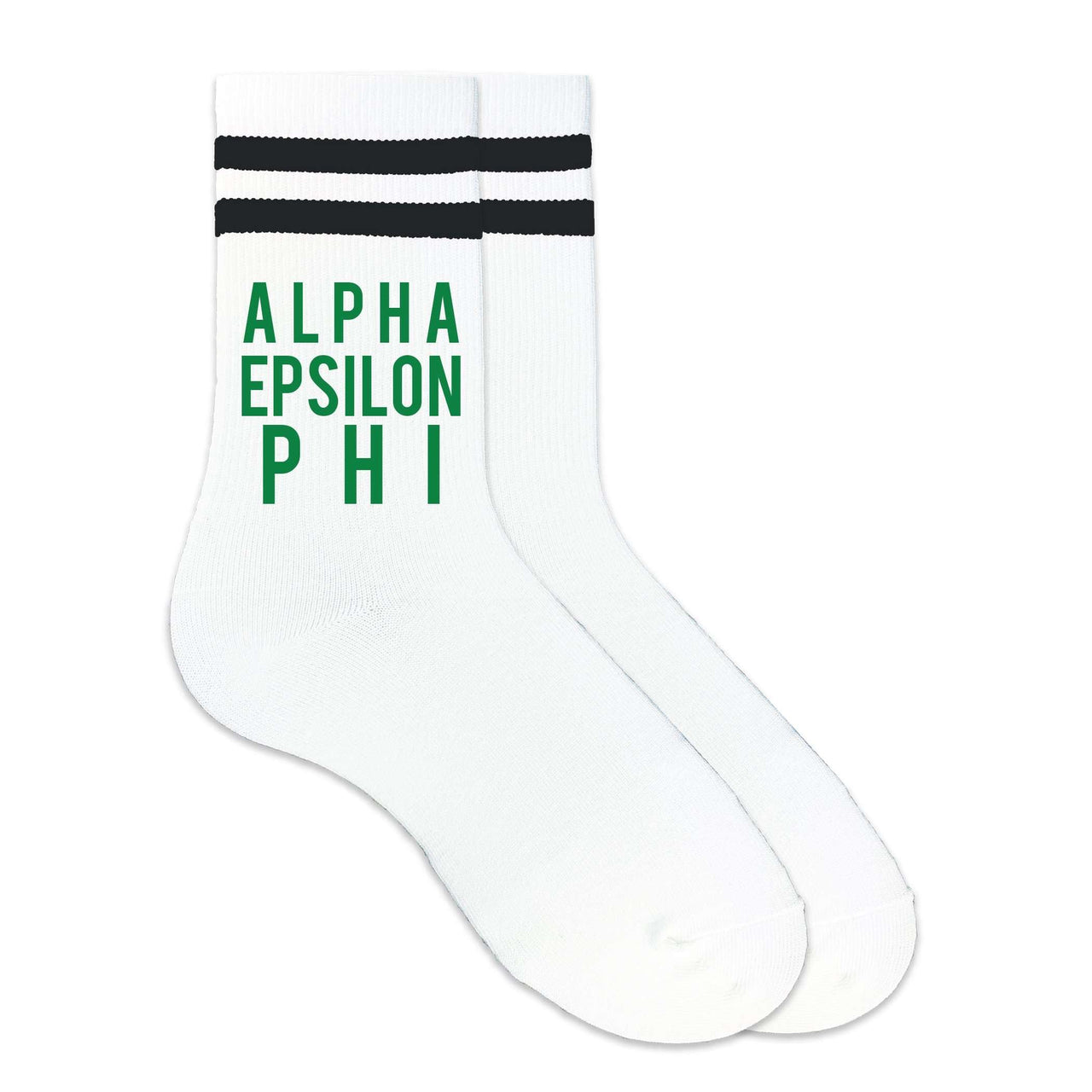 Alpha Epsilon Phi sorority name in block letters digitally printed in ink on striped crew socks.