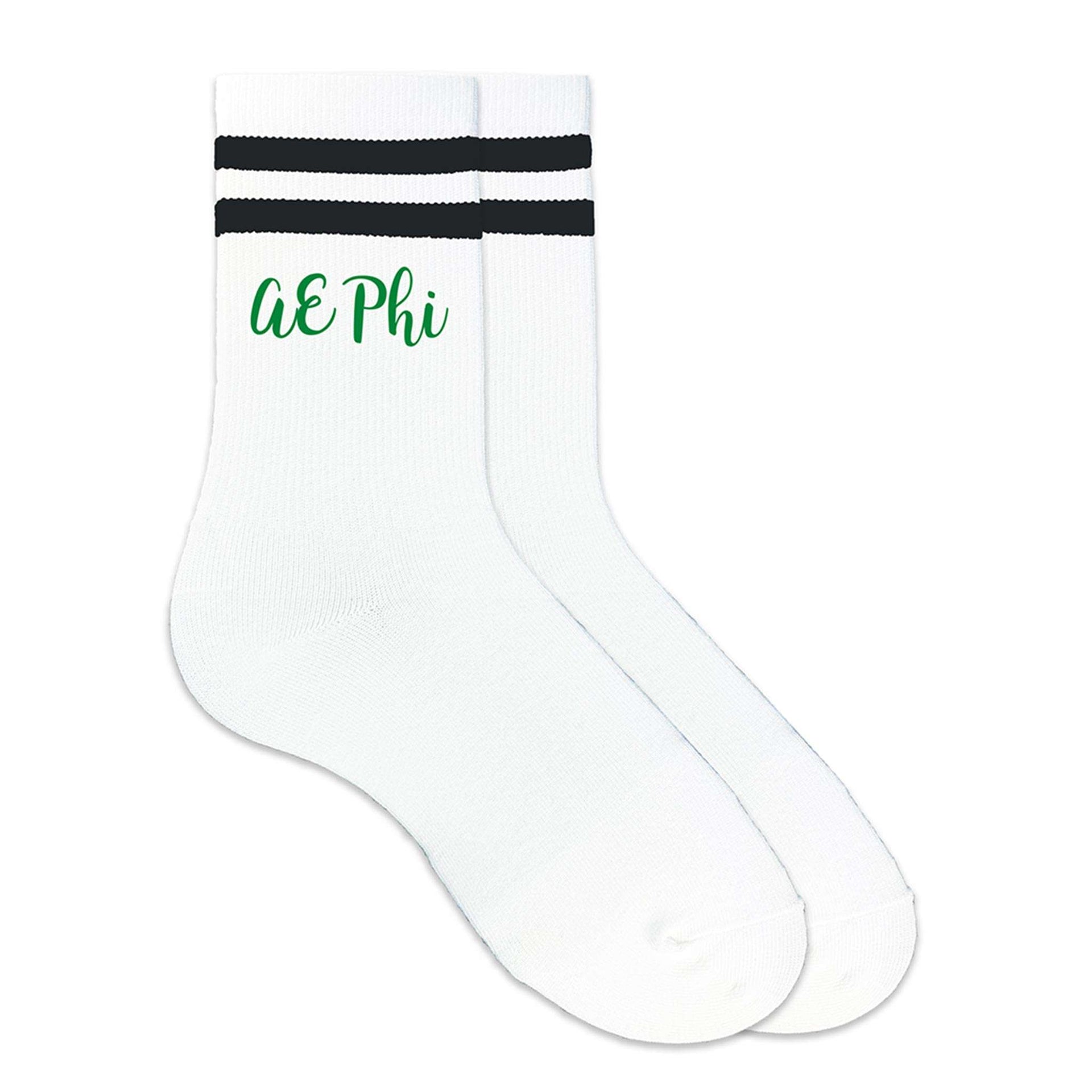 AE Phi sorority nickname digitally printed in sorority colors on striped crew socks.