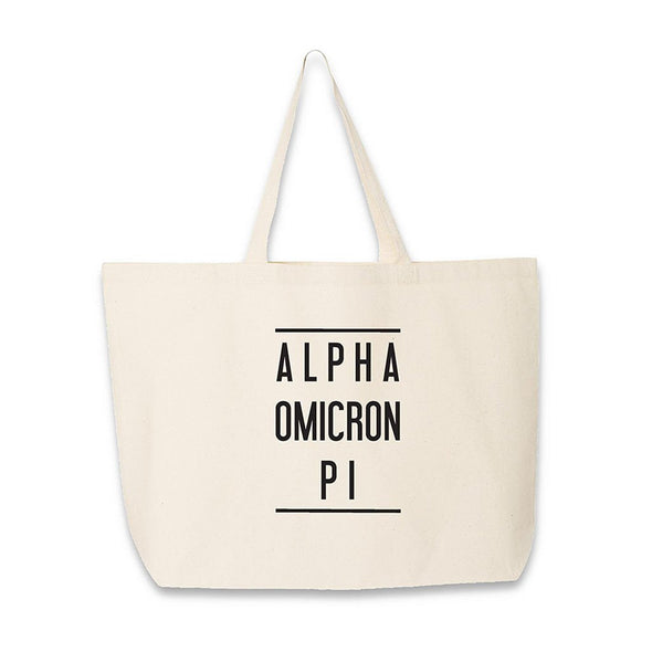 Alpha Omicron Pi sorority name in block letters digitally printed on canvas tote bag.