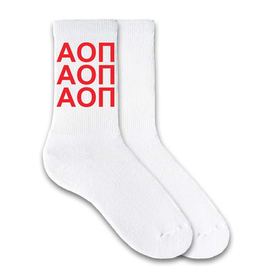 Alpha Omicron Pi sorority letters custom printed on white cotton crew socks.