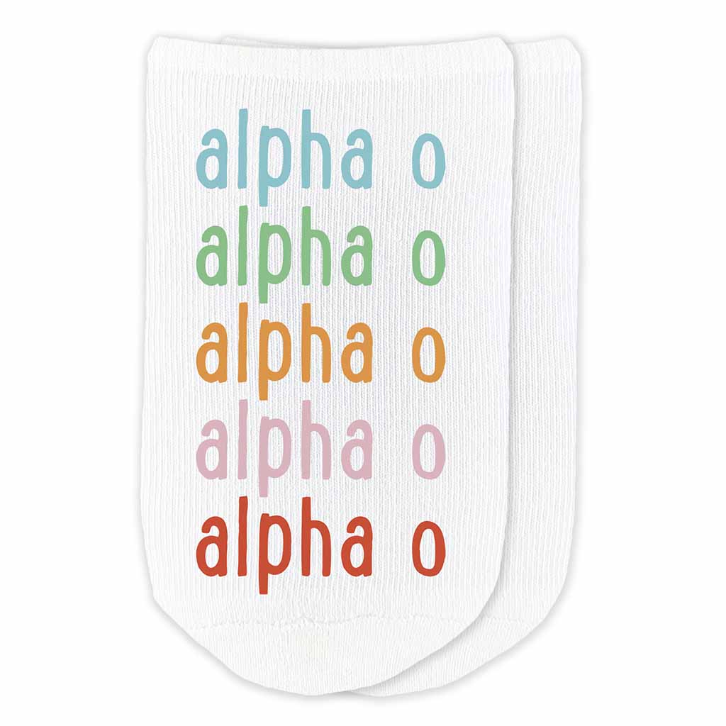 Alpha O nickname digitally printed in rainbow ink on white no show socks.