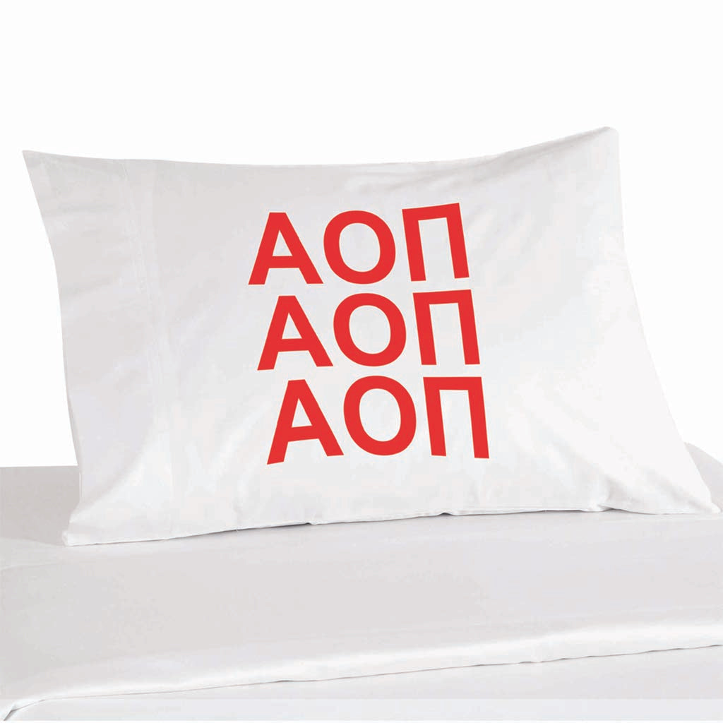 Alpha Omicron Pi sorority letters digitally printed in sorority colors on white cotton pillowcase.