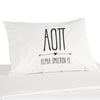 Alpha Omicron Pi sorority name and letters custom printed on white cotton pillowcase.