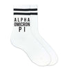 Alpha Omicron Pi sorority name in black ink digitally printed on striped cotton crew socks.