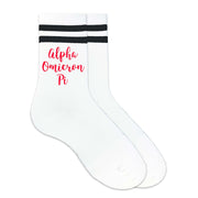 Alpha Omicron Pi sorority name custom printed on black striped crew socks.