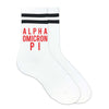 Alpha Omicron Pi sorority name digitally printed on striped cotton crew socks.