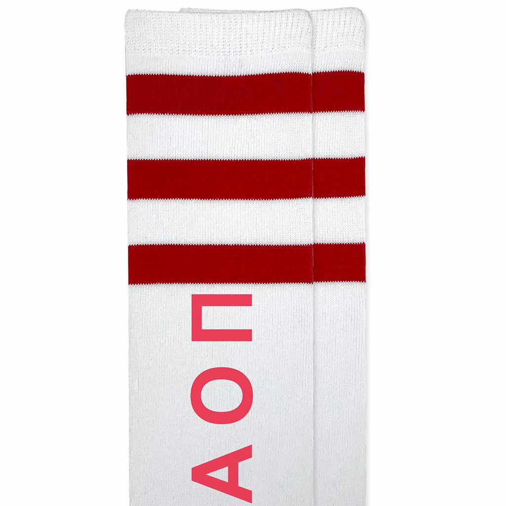 Alpha Omicron Pi sorority letters custom printed on cotton red striped knee high socks.