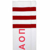 Alpha Omicron Pi sorority letters custom printed on cotton red striped knee high socks.