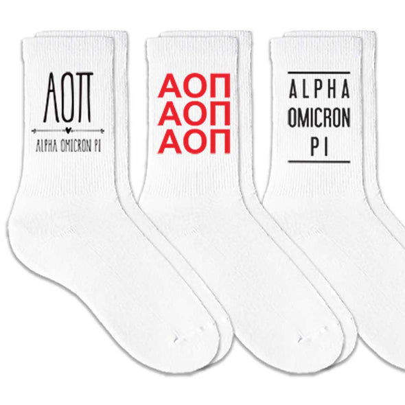 Alpha Omicron Pi sorority crew socks with sorority name and Greek letters sold as a 3 pair gift set.