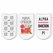 Alpha Omicron Pi sorority no show socks with Greek letters and sorority floral design sold as a 3 pair gift set.