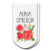 Alpha Omicron Pi sorority name watercolor design digitally printed on no show socks.