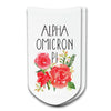 Alpha Omicron Pi sorority name watercolor design digitally printed on no show socks.