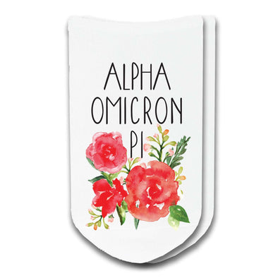 Alpha Omicron Pi sorority name watercolor design digitally printed on no show socks.