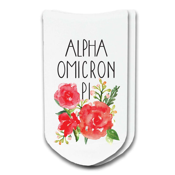 Alpha Omicron Pi sorority name watercolor design digitally printed on no show socks.