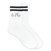 A Phi sorority nickname custom printed on cute striped crew socks