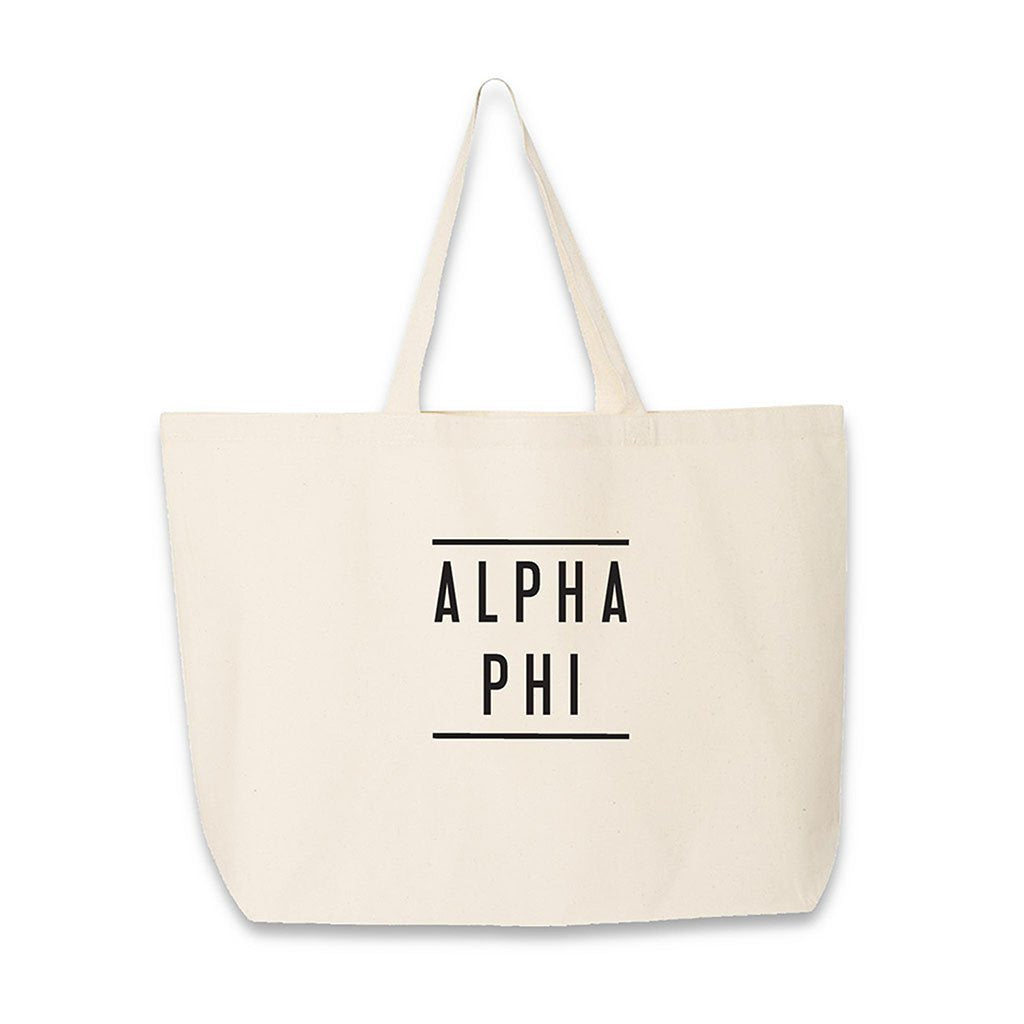 Alpha Phi sorority name in block letters digitally printed in black ink on canvas tote bag.
