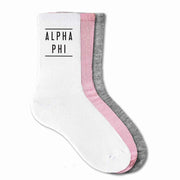 Alpha Phi sorority name custom printed on pink, heather gray, or white cotton crew socks