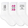Alpha Phi sorority crew socks with sorority name and Greek letters sold as a 3 pair gift set.