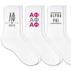 Alpha Phi sorority crew socks with sorority name and Greek letters sold as a 3 pair gift set.