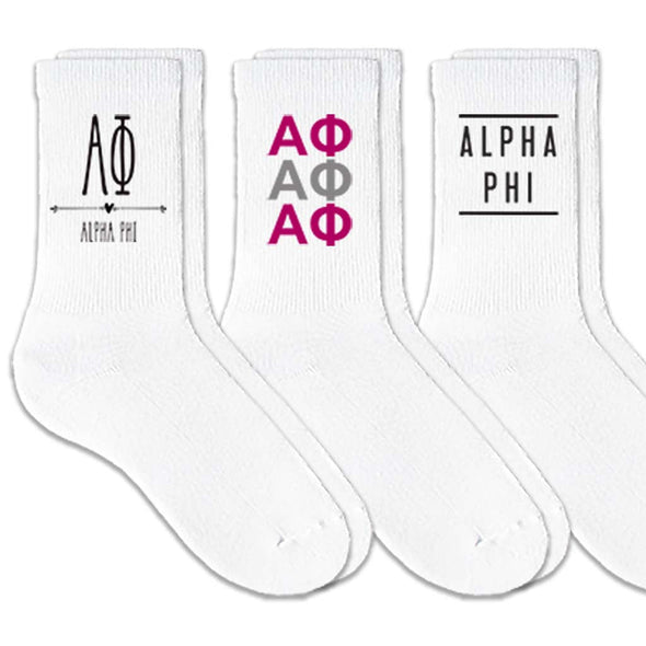 Alpha Phi sorority crew socks with sorority name and Greek letters sold as a 3 pair gift set.