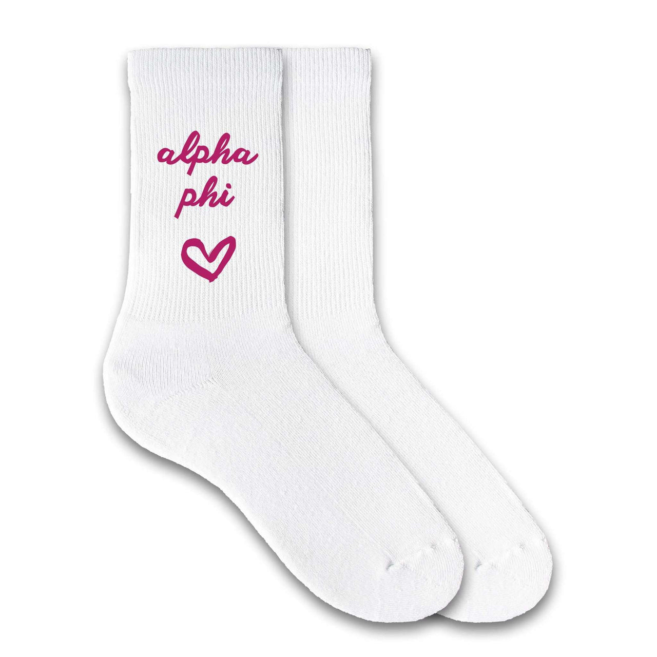 Alpha Phi sorority name and heart design custom printed on comfy white cotton crew socks.